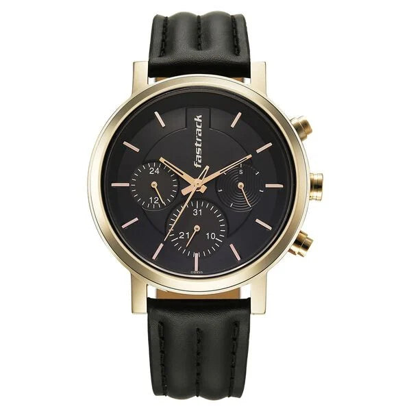 Black and gold watch with 'Fastrack' branding on a white background