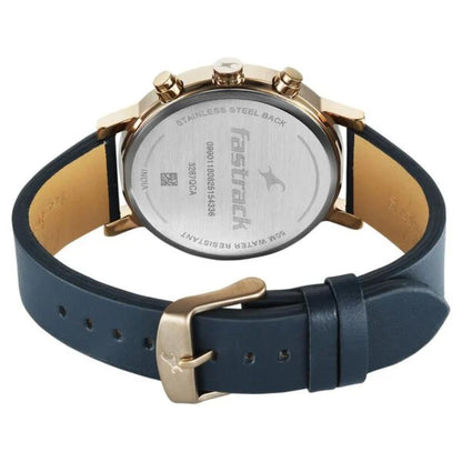 Fastrack watch with blue strap and gold accents on a white background