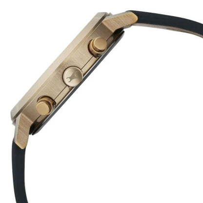 Close-up of a gold watch with black strap on a white background