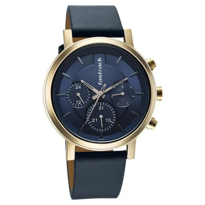 Fastrack watch with blue strap and navy dial on a white background