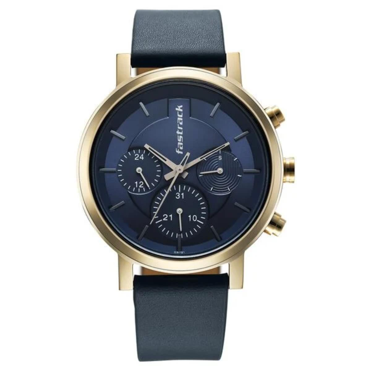 Wristwatch with blue strap and gold case on a white background