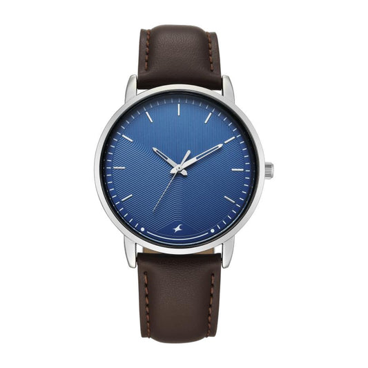 Wristwatch with blue dial and brown leather strap on white background