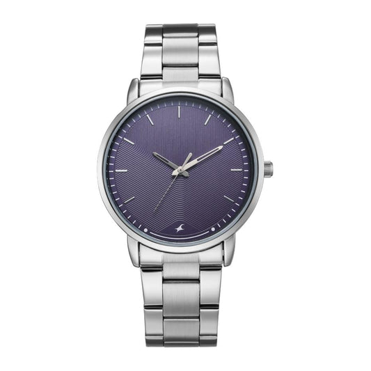 Silver watch with a dark purple face on a white background