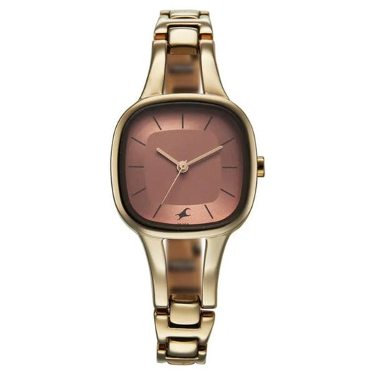 Gold watch with a brown face on a white background