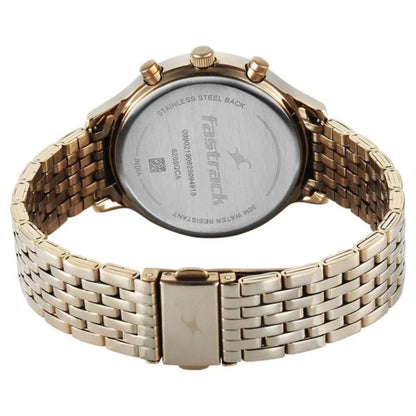 Gold watch with metal band on a white background