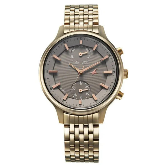 Gold watch with a detailed face on a white background