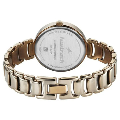 Fastrack watch with rose gold and silver band on a white background