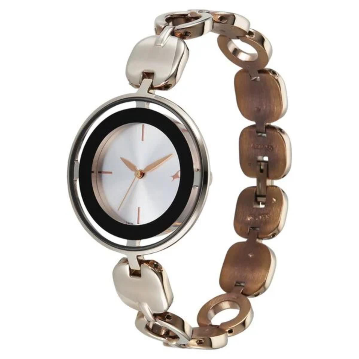 Wristwatch with a silver and bronze chain strap on a white background