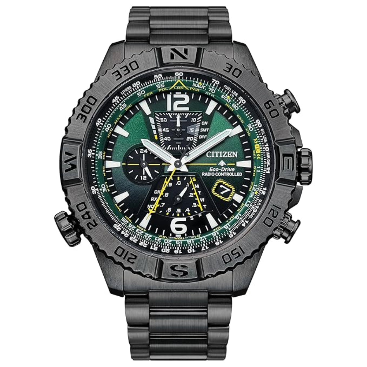 Citizen watch with a black and green face on a white background