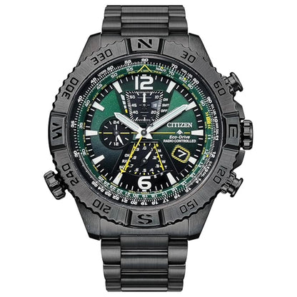 Citizen watch with a black and green face on a white background