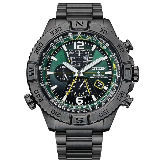Citizen watch with a black and green face on a white background