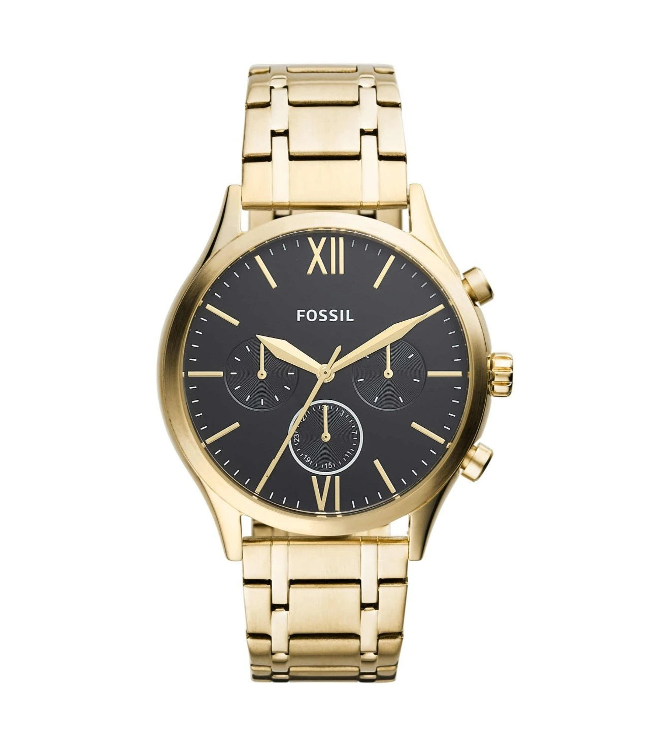 A Fossil Fenmore Chronograph analog men's watch with a grey dial and gold stainless steel bracelet and casing.