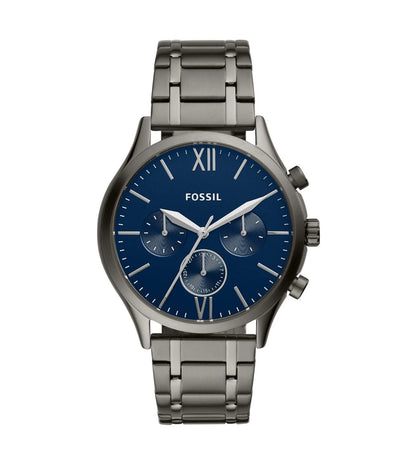 A Fossil Fenmore Midsize Chronograph Analog Watch with a navy dial and a stainless steel strap, featuring a chronograph function and a date display.