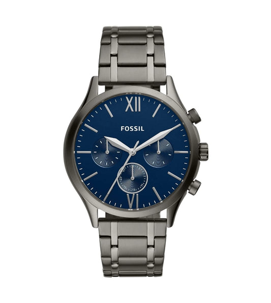 A Fossil Fenmore Midsize Chronograph Analog Watch with a navy dial and a stainless steel strap, featuring a chronograph function and a date display.