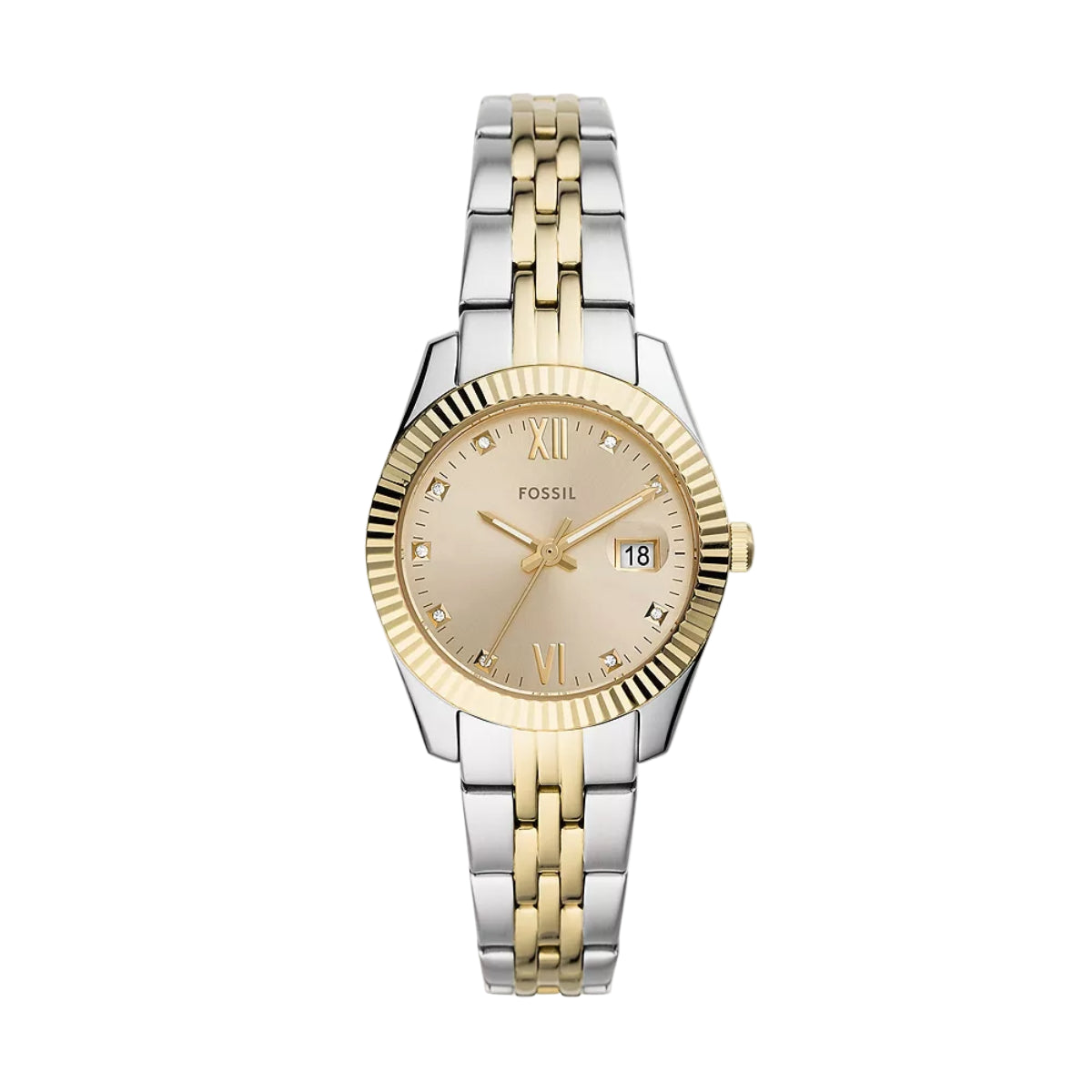 Two-tone gold and silver watch with beige dial on a white background