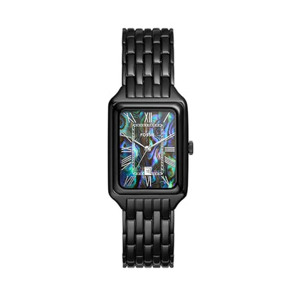 Black rectangular watch with abalone shell face on a white background