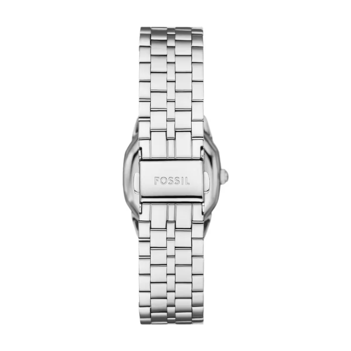 Silver Fossil watch with a metal bracelet on a white background