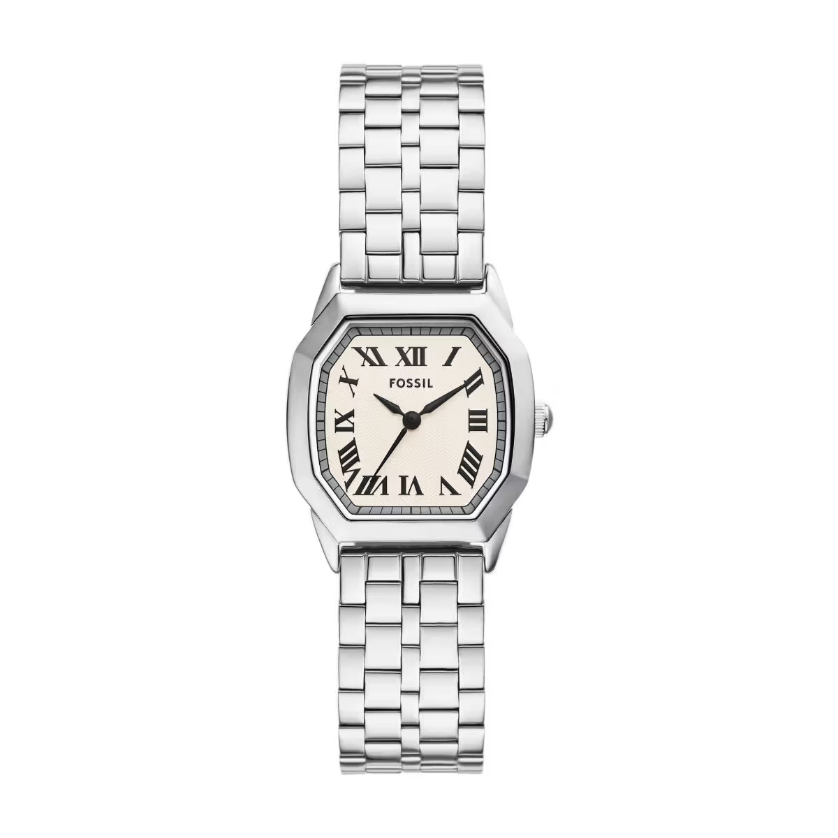 Silver Fossil watch with a white face on a white background