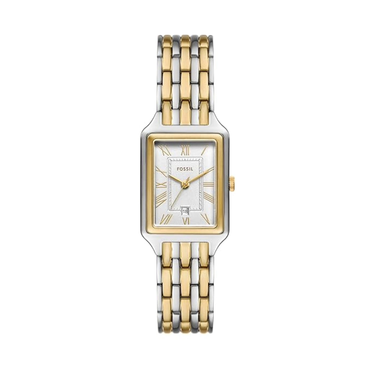 Two-tone watch with gold and silver band on a white background