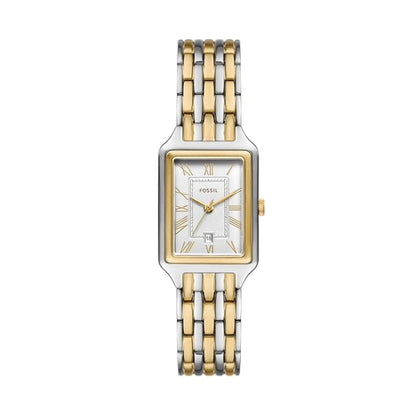 Two-tone watch with gold and silver band on a white background
