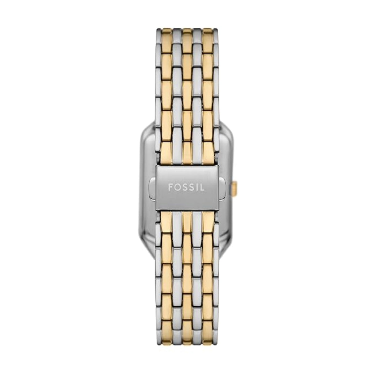 Fossil watch with two-tone metal band on a white background