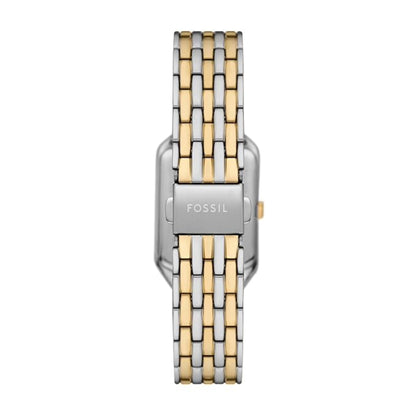 Fossil watch with two-tone metal band on a white background