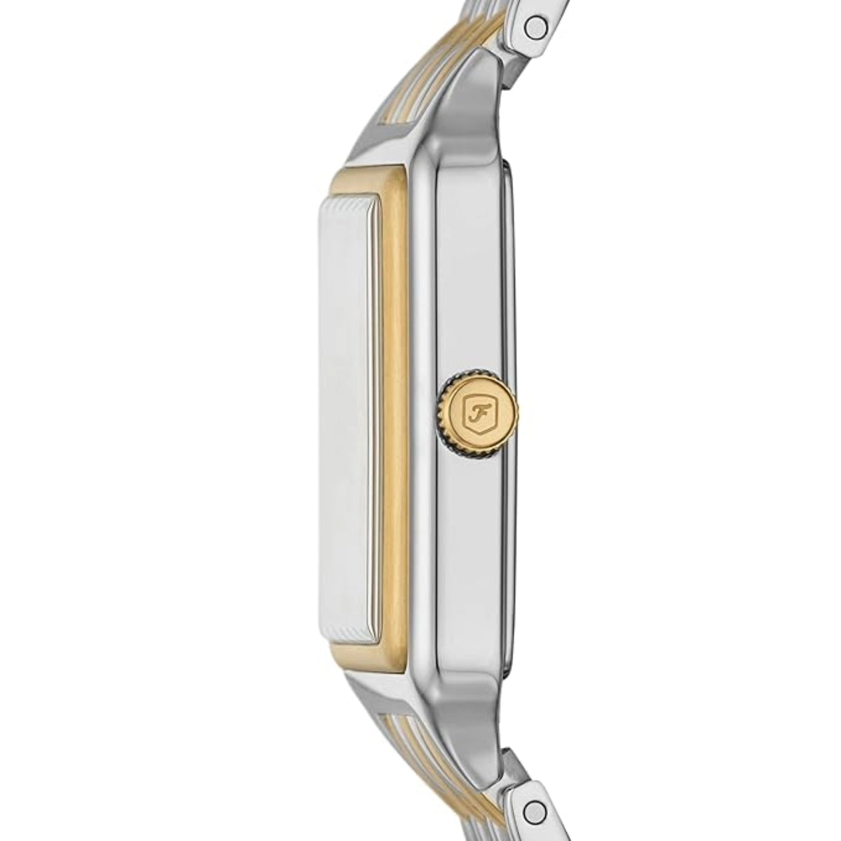 Close-up of a watch with a gold and silver band on a white background