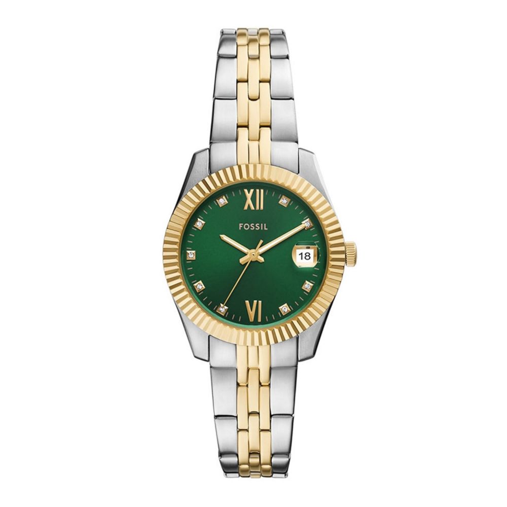 Two-tone watch with green face and gold accents on a white background