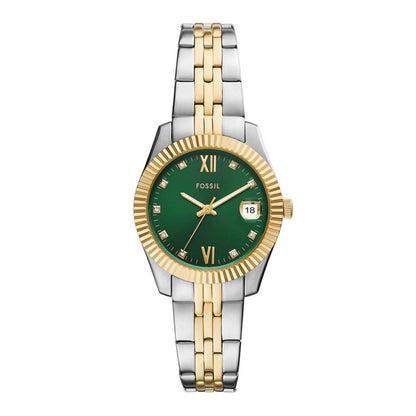 Two-tone watch with green face and gold accents on a white background