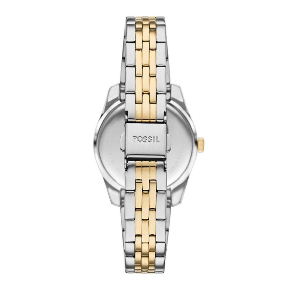 Two-tone watch with silver and gold band on a white background
