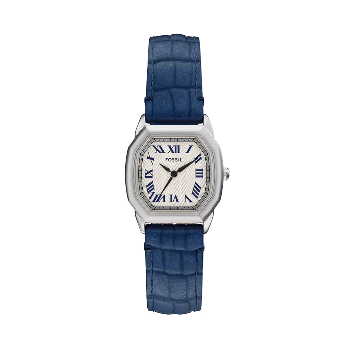 Fossil watch with blue strap on a white background