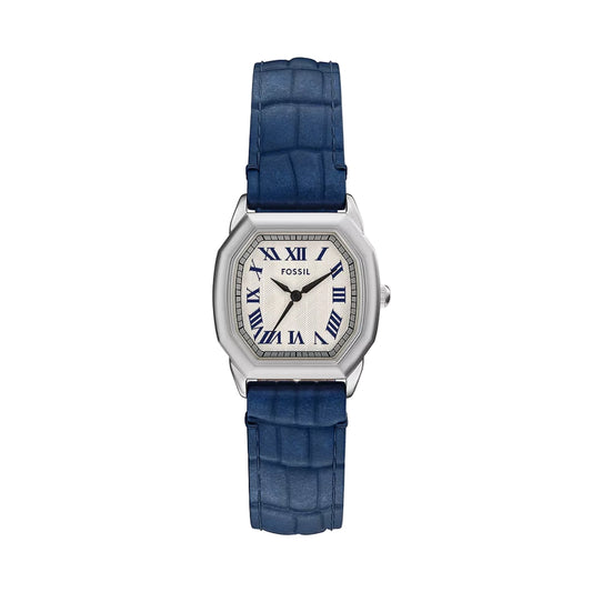 Fossil watch with blue strap on a white background
