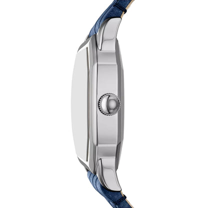 Close-up of a silver watch with a blue strap on a white background