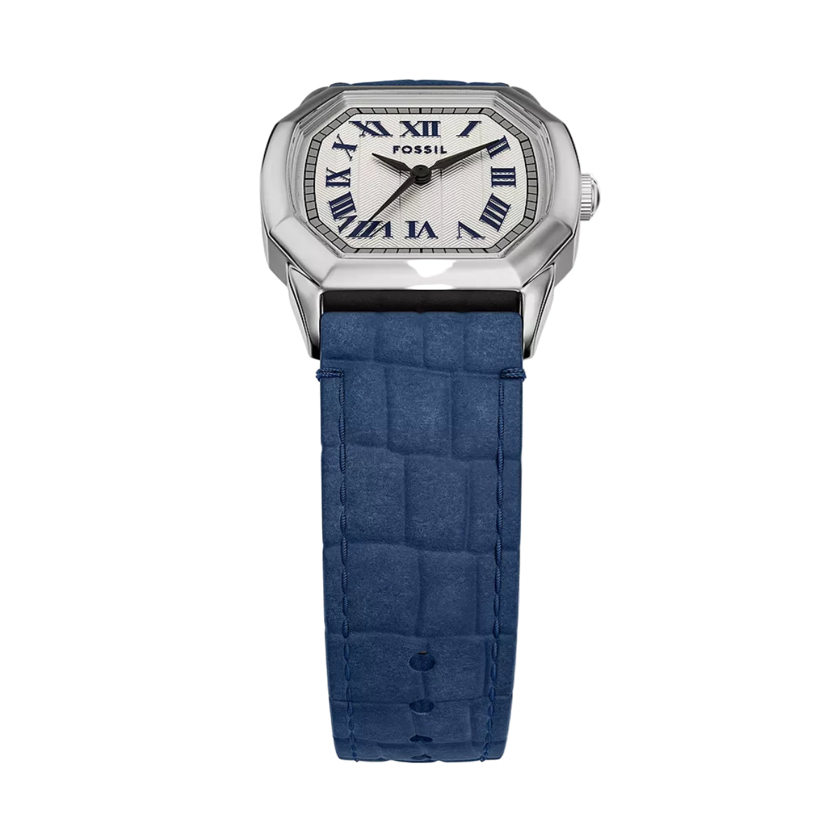 Fossil watch with blue strap on a white background