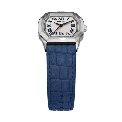 Fossil watch with blue strap on a white background