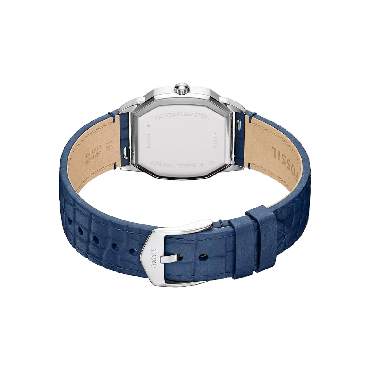 Wristwatch with blue strap and silver case on a white background