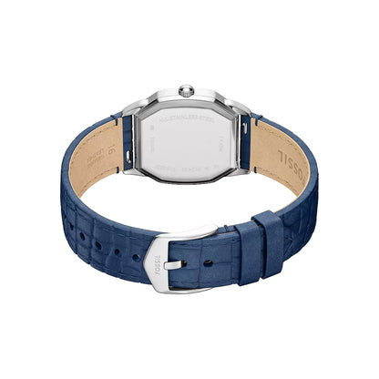 Wristwatch with blue strap and silver case on a white background