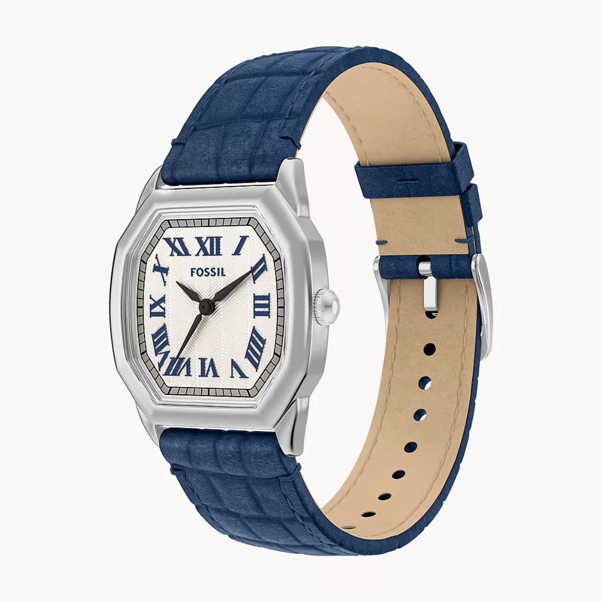 Fossil watch with blue strap and silver case on a white background