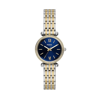 Two-tone Fossil watch with blue dial on a white background
