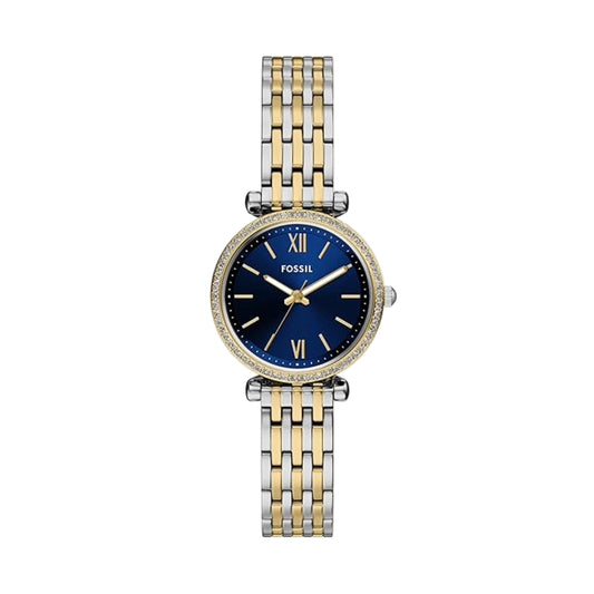 Two-tone Fossil watch with blue dial on a white background