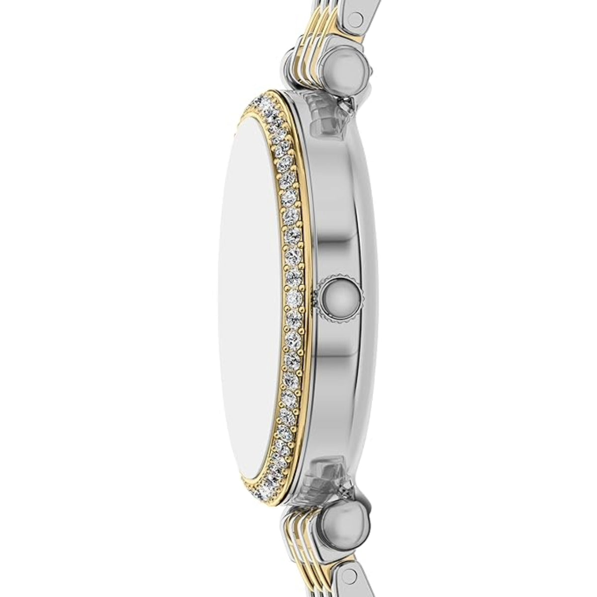 Close-up of a silver and gold watch with diamond accents on a white background