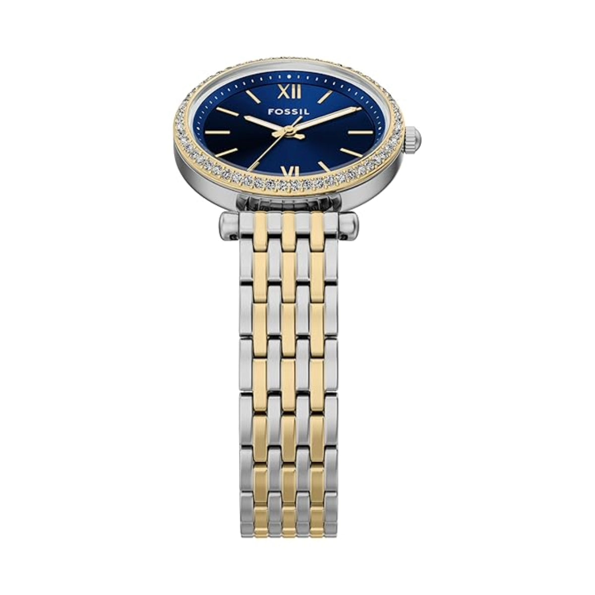 Fossil watch with two-tone metal strap on a white background