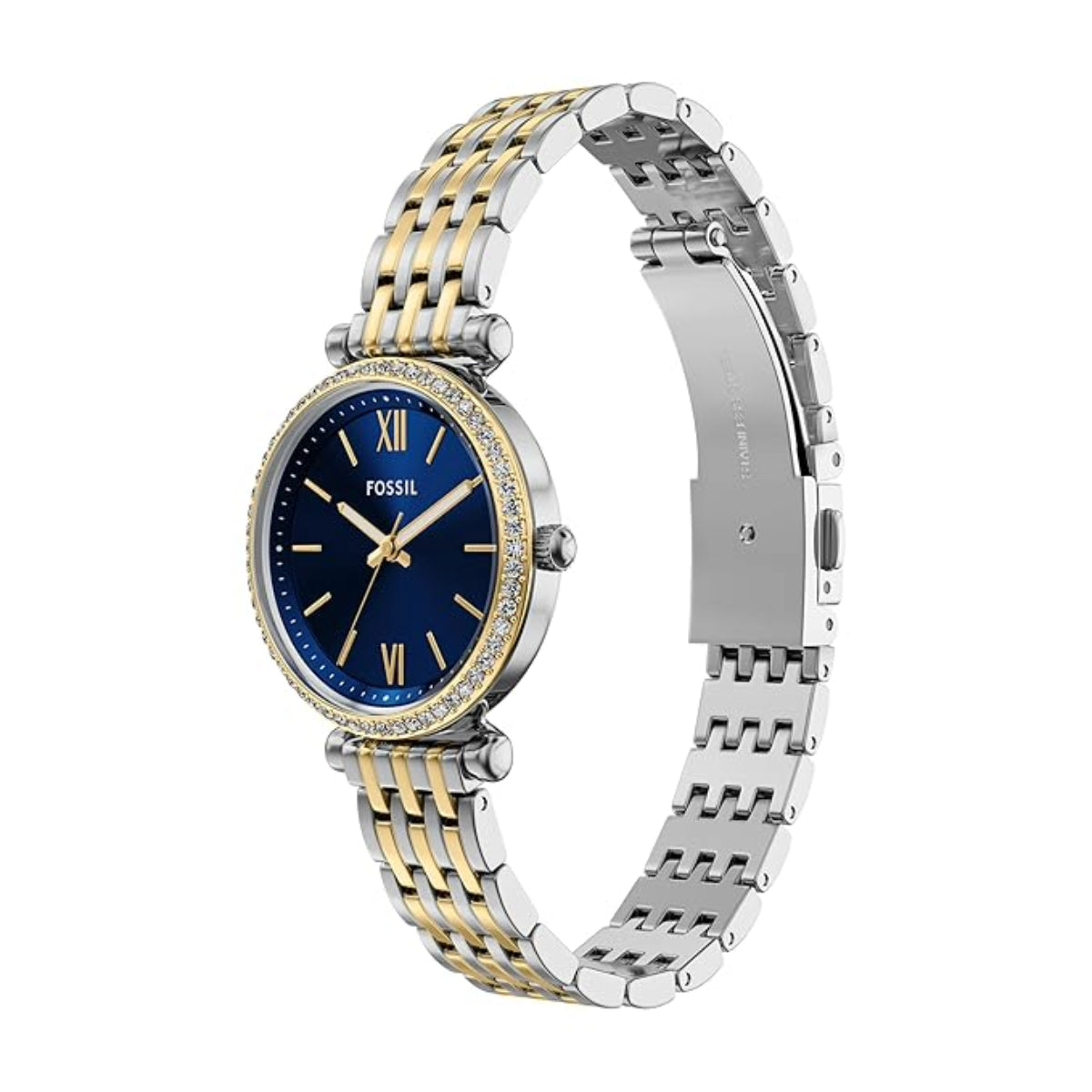 Two-tone Fossil watch with blue dial on a white background