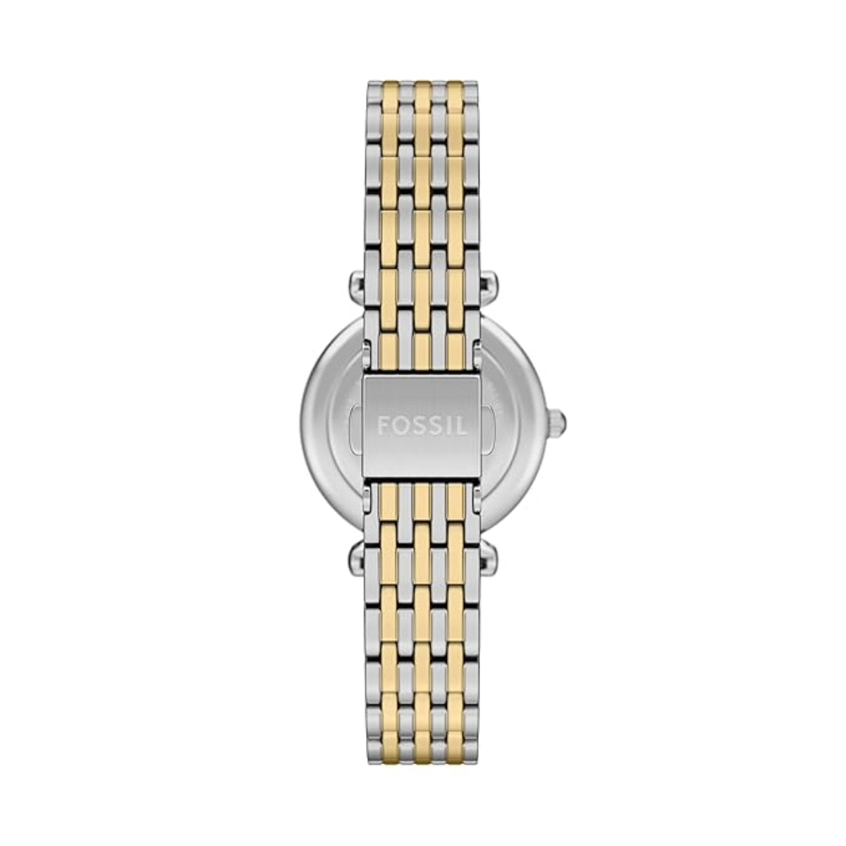 Fossil watch with two-tone metal bracelet on a white background