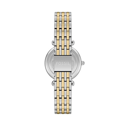 Fossil watch with two-tone metal bracelet on a white background