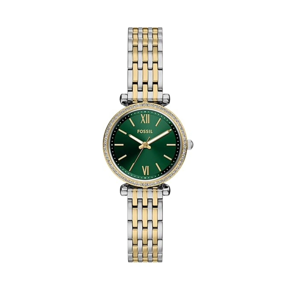 Two-tone watch with a green dial on a white background
