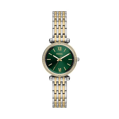Two-tone watch with a green dial on a white background