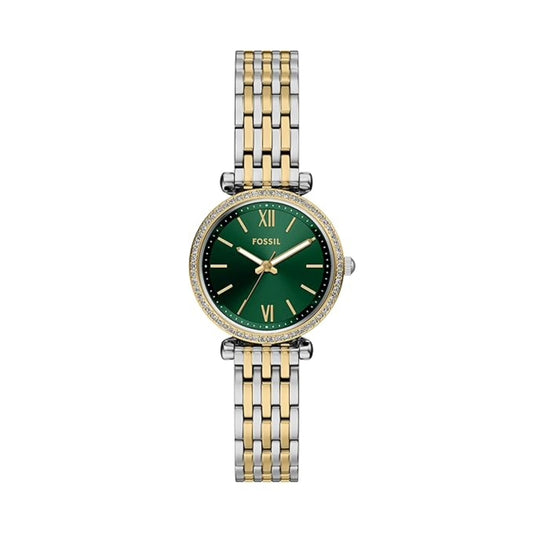 Two-tone watch with a green dial on a white background
