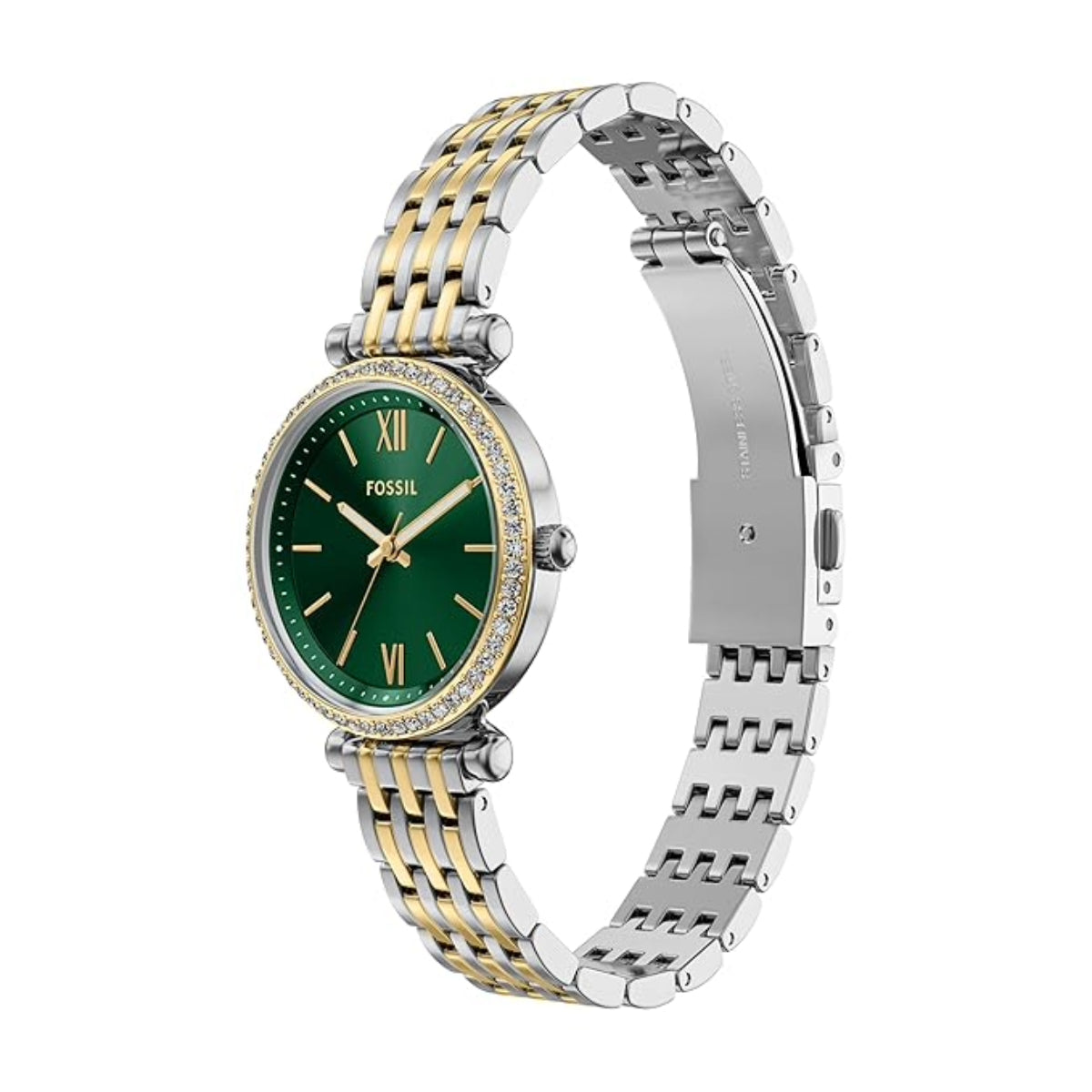 Fossil watch with two-tone metal band on a white background