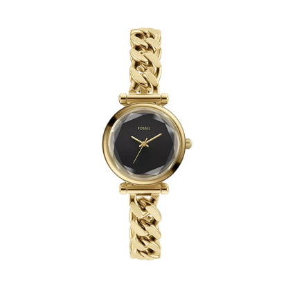 Gold chain-link watch with black face on a white background